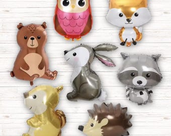Woodland Animal Balloon Set – Forest Baby Shower or Birthday Decor, Fox Bear Raccoon Owl Mylar Balloons for Nature Party Theme