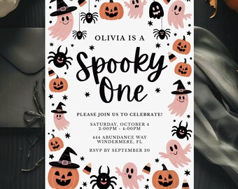 Spooky One Birthday Invitation: Pink Halloween 1st Birthday (Canva Editable, Digital Download 5x7" )