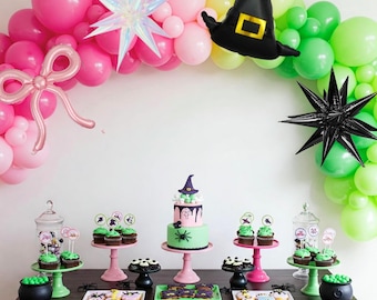Good Witch Bad Witch Birthday Party Decorations Pink Green Party Hat Starburst Pastel Matte Hot Pink Lime Movie Musical
