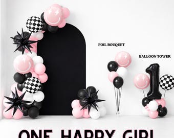 One Happy Girl Pink Black White Balloon Checker Starburst Smile DIY Kit Party Balloon Garland Arch Birthday Backdrop Decor Set