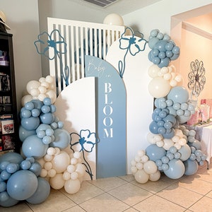 Kit fai da te per baby shower blu polvere, ghirlanda ad arco con palloncini, nebbia blu polvere, crema e bianco, elegante per compleanno di un bambino