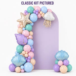 May include: A balloon arch kit with the text CLASSIC KIT PICTURED, featuring pastel pink, blue, purple, and teal balloons. Includes foil balloons shaped like a gold starfish, a white jellyfish, a purple seashell, and two blue seashells.
