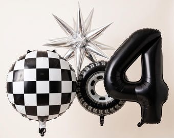Race Car Foil Balloons | Checkered Flag Tire Silver Starburst Number Foil Balloons | Racing Party Decor
