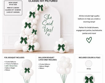 She Said Yes Balloon Kit | White Balloons Green Satin Bow Bachelorette Decor | Bridal Shower Garland | Coquette Party Backdrop