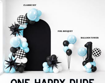 One Happy Dude Balloon Garland – Blue First Birthday DIY Kit, Matte Pastel Balloons, Black White Smiley, Oh Boy Party Arch Decoration