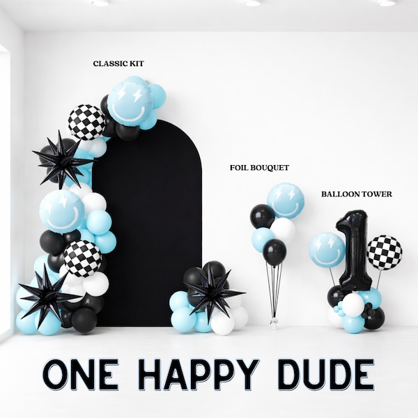 One Happy Dude Balloon Garland – Blue First Birthday DIY Kit, Matte Pastel Balloons, Black White Smiley, Oh Boy Party Arch Decoration
