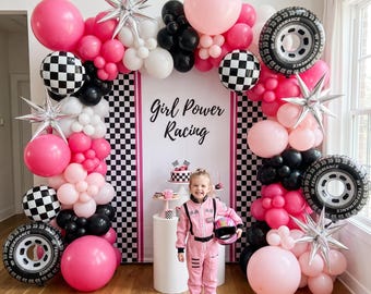 Race Car Balloon Garland Kit | Girl Power Racing Birthday Decorations | Checkered Flag Pink Berry Black DIY Balloon Arch Kit