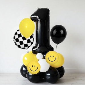 One Happy Dude Balloon Garland Arrangement Kit Checker Yellow White Black Number Milestone Groovy Birthday 1st Two Cool Smiley