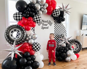 Race Car Balloon Garland Kit | Need Four Speed 4th Birthday Decorations | Checkered Flag Black Red Silver DIY Balloon Arch Kit