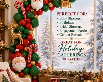 Merry Christmas Balloon Garland Kit Holiday Party Decor DIY Santa Reindeer Candy Cane Foil Arch Evergreen Red Gold Backdrop