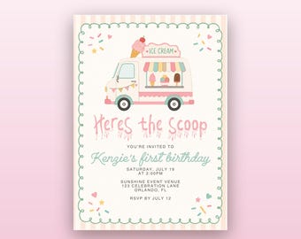Here's the Scoop Birthday Invitation Template, Editable Ice Cream Invite, First Birthday Ice Cream Social, Canva Digital Download 5x7
