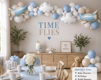 Time Flies DIY Balloon Garland Kit First Birthday Airplane Cloud Foil Travel Adventure Party Pastel Blue White Number Boy Decorations