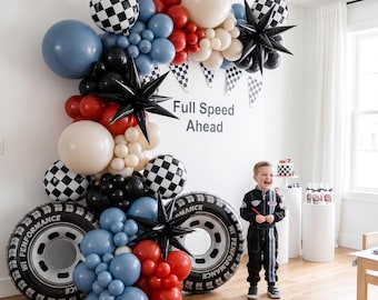Race Car Balloon Garland Kit | Full Speed Ahead Birthday Decorations | Checkered Flag Blue Red Black DIY Balloon Arch Kit