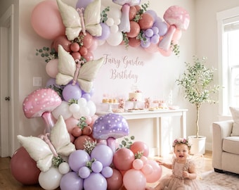 Fairy Garden Balloon Garland Kit | Mushroom Butterfly Birthday Decorations | Pink Purple DIY Balloon Arch Kit