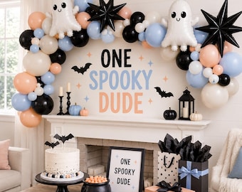 One Spooky Dude Balloon Kit | Ghost & Starburst Foils | Boy Halloween 1st Birthday Decor | Blue Orange Black Garland Arch Kit