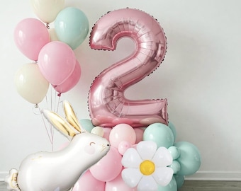 Some Bunny Is Two Balloons Pink Pastel Beige White Sand Mint Green Rabbit Hare Easter Birthday 3rd 1st Daisy Spring Cute