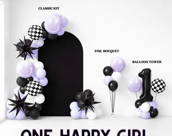 Happy Girl Lavender Black White Black Starburst Checker Balloon Smile Balloon DIY Kit Party Balloon Garland Arch Trendy Birthday Decor