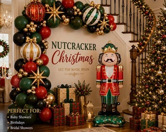 Nutcracker Christmas Balloon Garland Kit Holiday Party Decor DIY Nutcracker Foil Ornament Starburst Arch Red Green Gold Backdrop