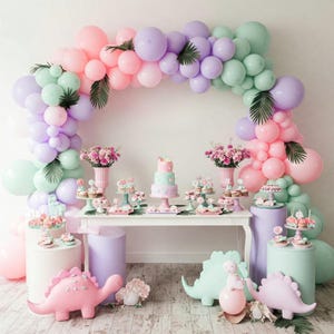 Zestaw DIY z balonami w kształcie dinozaurów w pastelowych kolorach na urodziny, baby shower, dżunglę i las, depcząc po piętach, dwa Rexy Rwar, jestem czwórką, dziewczęca impreza