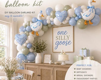 One Silly Goose Blue Balloon Kit | Goose & Gingham Heart Foils | Boy First Birthday Decor | Sage Blue Balloon Garland Arch | 1st Bday Boy