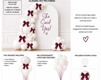 She Said Yes Balloon Kit | White Balloons Burgundy Satin Bow Bachelorette Decor | Bridal Shower Garland | Coquette Party Backdrop