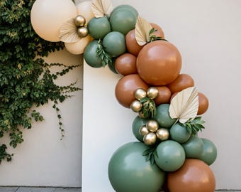 Arco de globos para baby shower, diseño de dinosaurio, eucalipto, selva, verde salvia y marrón, estilo safari, ecológico, bohemio, para cumpleaños, kit de guirnalda Bearly Wait DIY