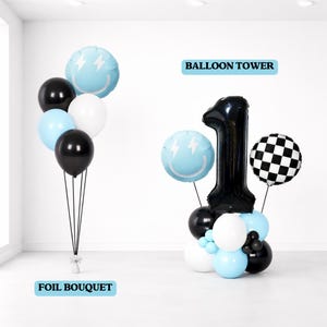 One Happy Dude Balloon Arrangement – Foil Bouquet Balloon Tower Blue Checker Birthday Kit, Groovy Milestone, 1st or Two Cool Theme