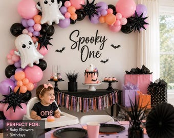 Spooky One Balloon Kit | Ghost & Starburst Foils | Halloween 1st Birthday Girl Decor | Pink Purple Black Balloon Garland Arch Kit