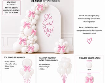 She Said Yes Balloon Kit | White Balloons Light Pink Satin Bow Bachelorette Decor | Bridal Shower Garland | Coquette Party Backdrop