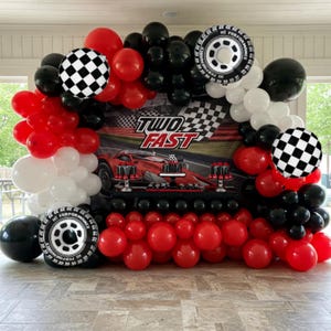 Two Fast Birthday Balloon Garland DIY Fast One Race Car Vintage Baby Shower Checker Flag Balloons Red Black White Yellow