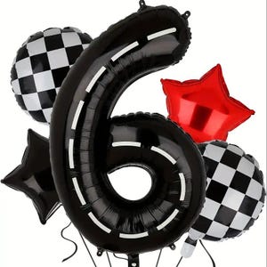 May include: A set of black and white checkered balloons, a red star balloon, and a large black balloon shaped like the number six with white racing stripes. The balloons are perfect for a racing themed party.