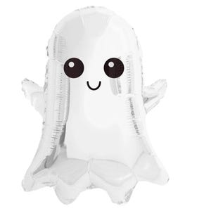 May include: A white ghost-shaped balloon with a smiling face. The balloon has two large black eyes and a curved black mouth. The ghost has outstretched arms and a rounded bottom, perfect for Halloween decorations.
