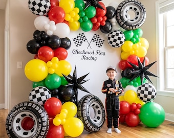 Race Car Balloon Garland Kit | Checkered Flag Racing Birthday Decorations | Red Yellow Green DIY Balloon Arch Kit