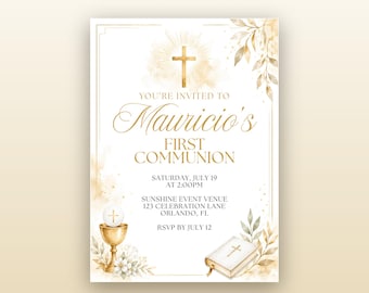 First Communion Invitation Template, Editable Gold Communion Invite, Printable Boy Girl Holy Communion, Canva Digital Download 5x7