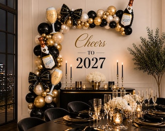 Cheers to 2027 New Year's Eve Balloon Garland Kit NYE Party Decor DIY Champagne Bottle Cheers Glass Bow Foil Arch Black Gold White