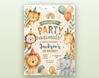 Party Animals Birthday Invitation Template, Editable Safari Animals Invite, Jungle 1st Birthday, Zoo Party, Canva Digital Download 5x7