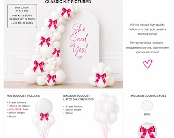 She Said Yes Balloon Kit | White Balloons Hot Pink Satin Bow Bachelorette Decor | Bridal Shower Garland | Coquette Party Backdrop