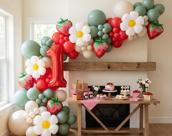 Red Strawberry Balloon Garland Kit | Berry First Birthday Decorations | Eucalyptus Green DIY Balloon Arch Kit