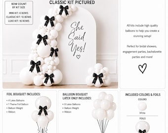 She Said Yes Balloon Kit | White Balloons Black Satin Bow Bachelorette Decor | Bridal Shower Garland | Coquette Party Backdrop