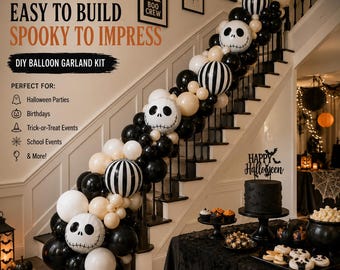 Skeleton Halloween DIY Kit Party Balloon Garland Arch Spooky Black White Cream Skeleton Striped Foil Theme Party Decorations