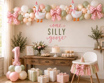One Silly Goose Pink Balloon Kit | Goose & Bow Foils | Girl First Birthday Decor | Sage Pink Balloon Garland Arch Kit | Coquette 1st Bday