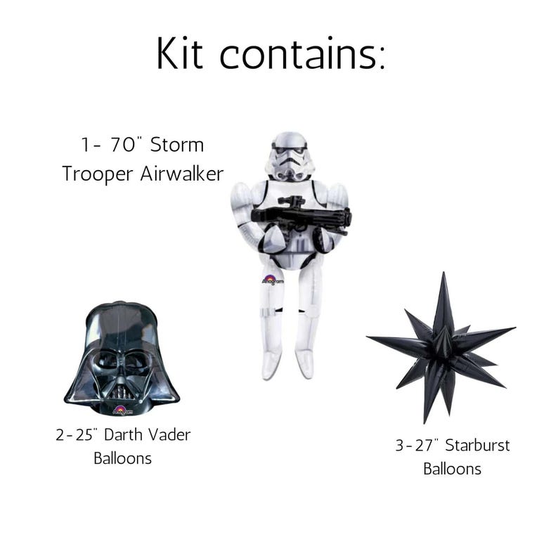 Może przedstawiać: Zestaw zawierający 178 cm Airwalker Stormtroopera, dwa 64 cm balony Darth Vader i trzy 69 cm balony Starburst. Tekst "Kit contains:" jest wyświetlany na białym tle.