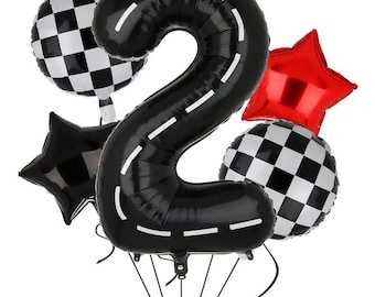 Pacchetto di palloncini per auto da corsa, due bouquet di palloncini veloci, palloncini a scacchi per compleanno con auto da corsa, festa di corse