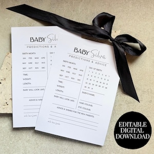 Modèle de carte de conseils de prédictions de baby shower minimaliste, prédictions de bébé modernes, jeu de prédictions instantanées modifiable, jeu de bébé personnalisé