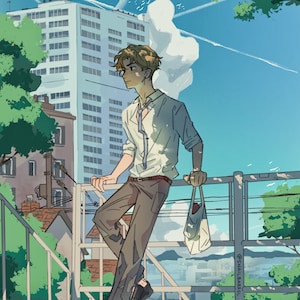 May include: A young person with blond hair wearing a white button-down shirt and khaki trousers stands on a metal railing. They are holding a white bag with a red object inside. The person is looking to the left of the image. The background is a city scene with buildings and trees.