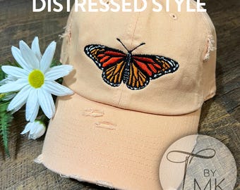 Embroidered Monarch Butterfly Distressed Hat: Cotton Twill