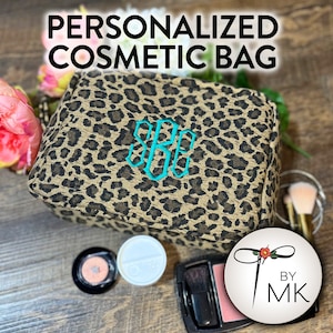Leopard Print Cosmetic Bag  |  Mothers Day Gift | Custom Embroidered Bag  |  Monogram Cosmetic Bag | Bridesmaid Gift