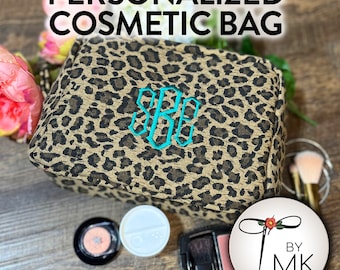 Leopard Print Cosmetic Bag  |  Mothers Day Gift | Custom Embroidered Bag  |  Monogram Cosmetic Bag | Bridesmaid Gift