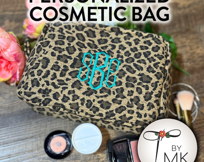 Leopard Print Cosmetic Bag  |  Mothers Day Gift | Custom Embroidered Bag  |  Monogram Cosmetic Bag | Bridesmaid Gift
