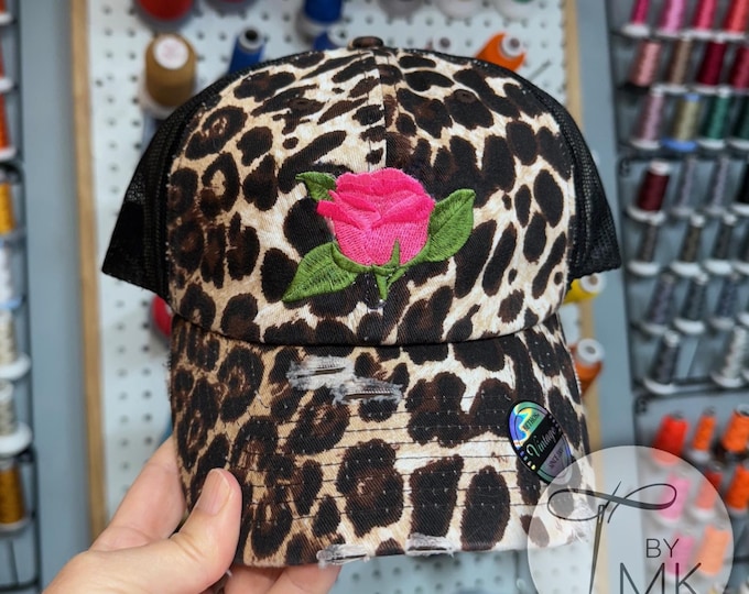 Embroidered Rose Leopard Print Hat